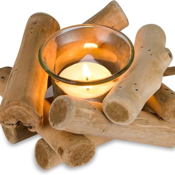 Handmade Wooden Tea Light Candle Holder with Glass Cup Rustic Country Coastal St - Picture 1 of 7
